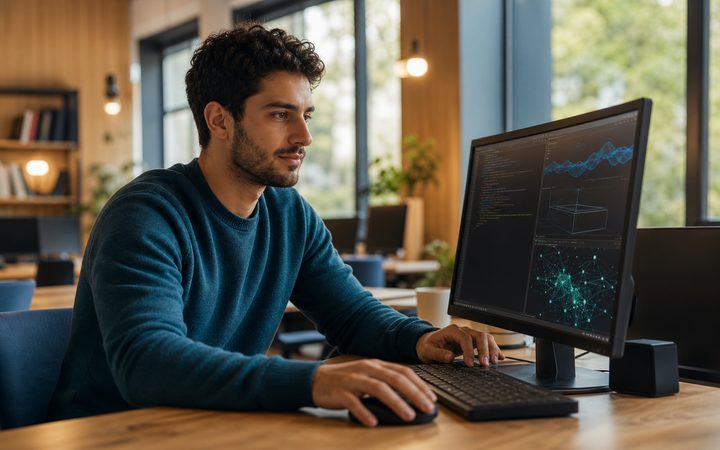 Σπουδαστής εξασκείται σε μαθήματα υπολογιστών σε σύγχρονο εκπαιδευτικό χώρο